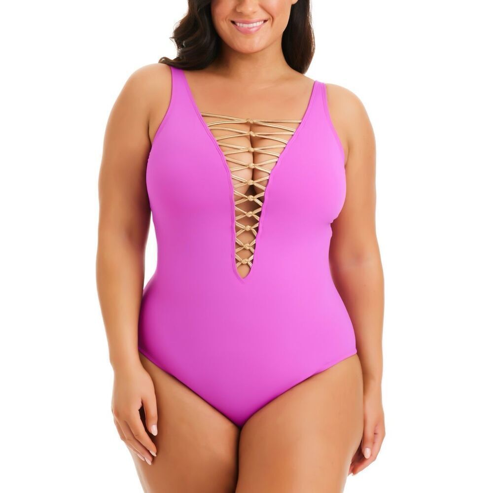 Kore One Piece High Neck Lace Down‎ Swimsuit, Plus Size 20W